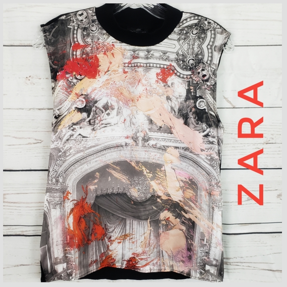 Zara sleeveless front print solid black top